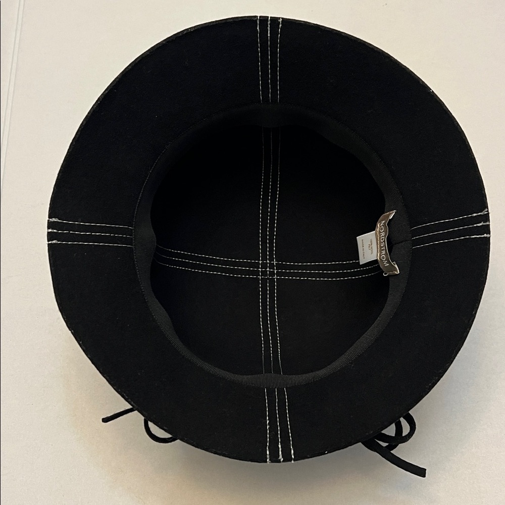 NORDSTROM BLACK WOOL WHITE STITCHING BOW FRONT CLOCHE WOMENS HAT - Picture 6 of 12